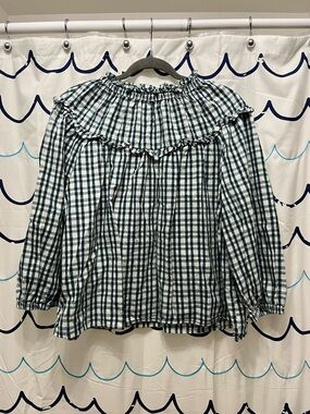 Universal Thread Green and White Plaid Ruffle Yoke Blouse
